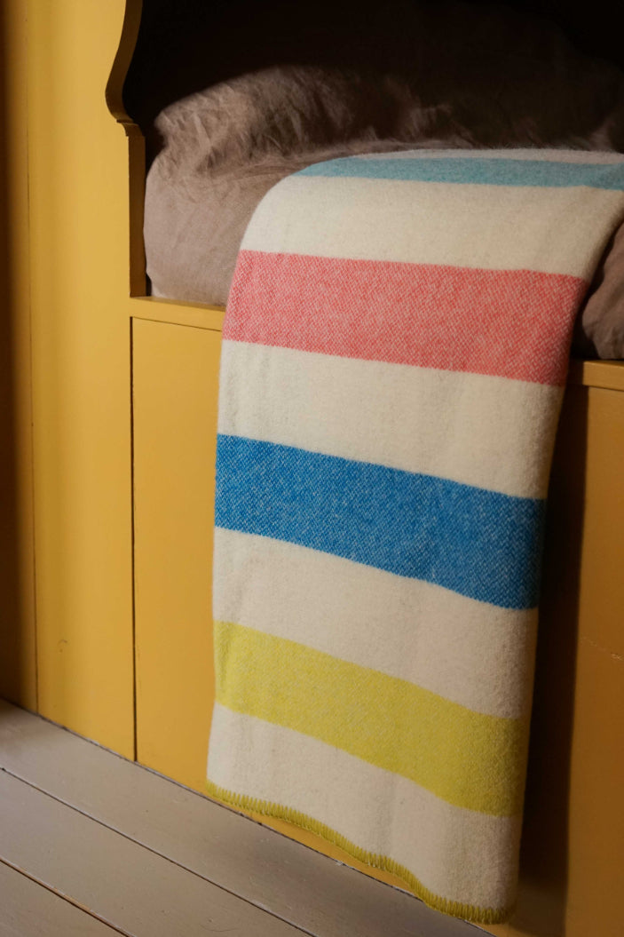 Cyan / Pink / Blue / Yellow ALT= Cyan / Pink / Blue / Yellow striped wool blanket by Drove Weavers.