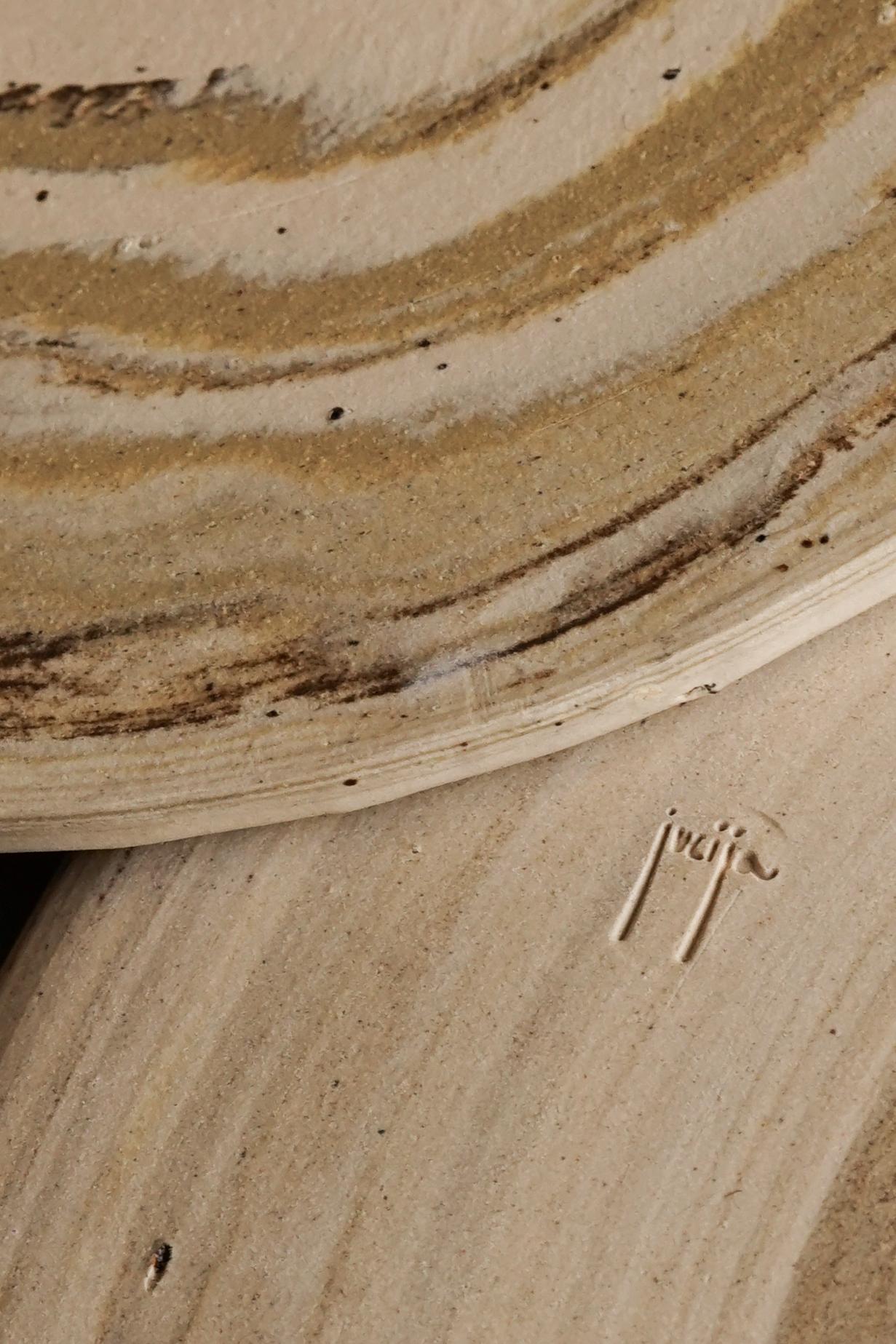 ALT=Ceramic hand thrown platters by Emporium Julium. Created using sand collected in Scotland, creating these swirling discs of tones.