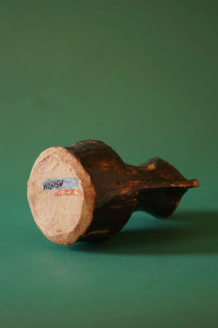 ALT=Running out of steam vase lent on it's side so that Morven's makers mark can be seen.