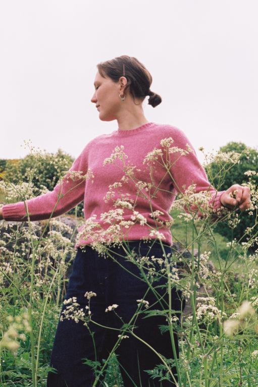 ALT=The blush pink crew neck jumper by Shetland Woollen Company out in nature.