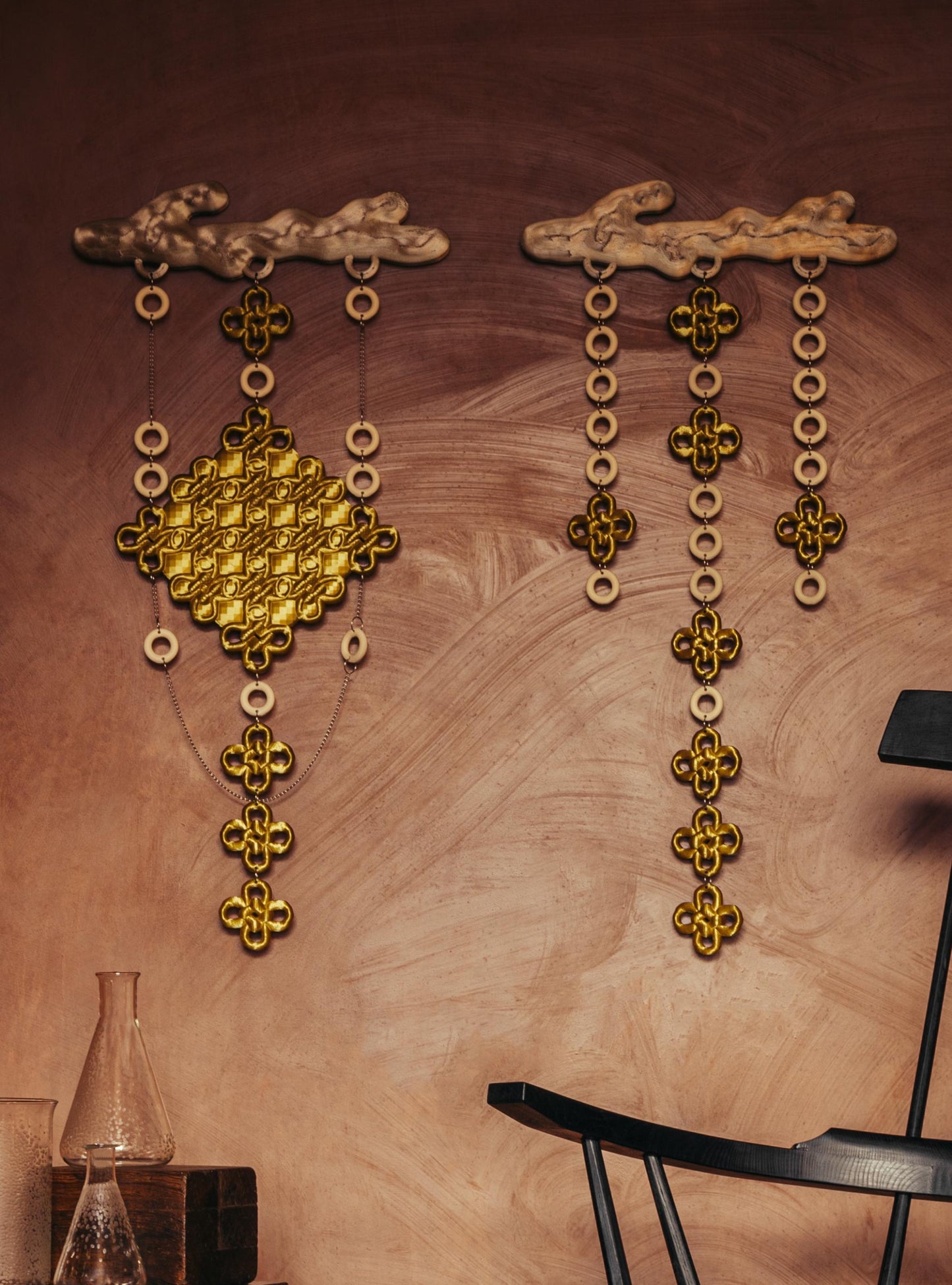 ALT= Two 3D printed Wish Branches by Soorin Shin of Wobbly Digital. The branches are in colours of beige and gold.