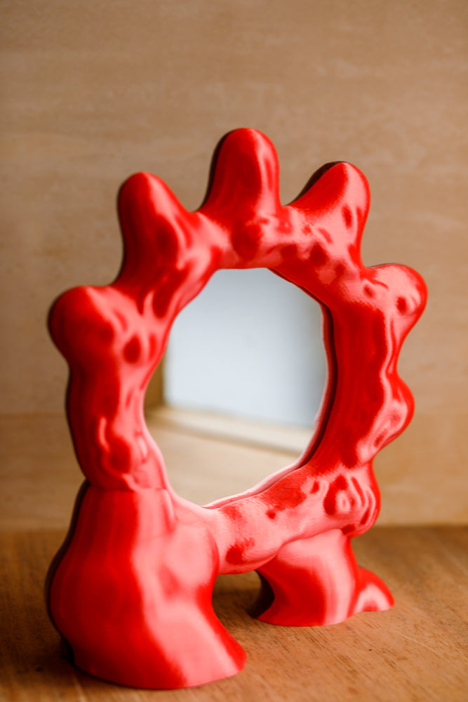 ALT=Bright satin red 3D printed mirror by Wobbly Digital Studio. Made in Glasgow.