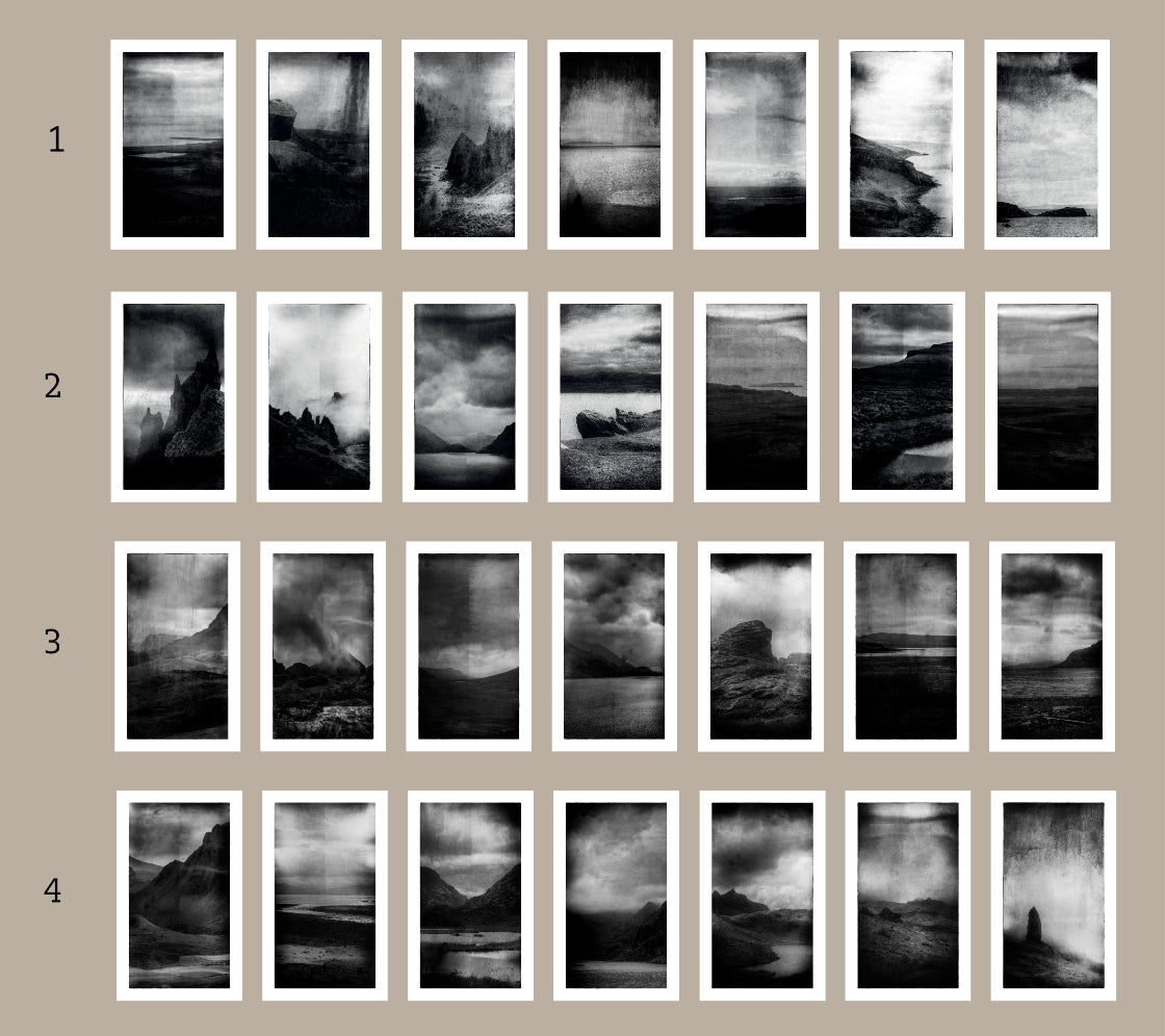 These are the four sets of seven prints as chosen by Guy. ALT=The four series of A4 prints, A Shadow Passes, by Guy Dickinson.