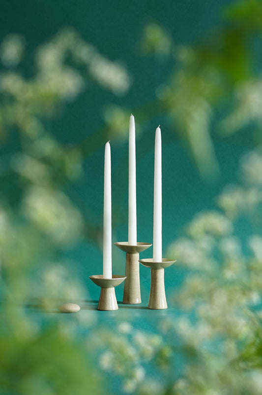 ALT=The three sizes of Midsummer Candlesticks by Cara Guthrie for Bard. 