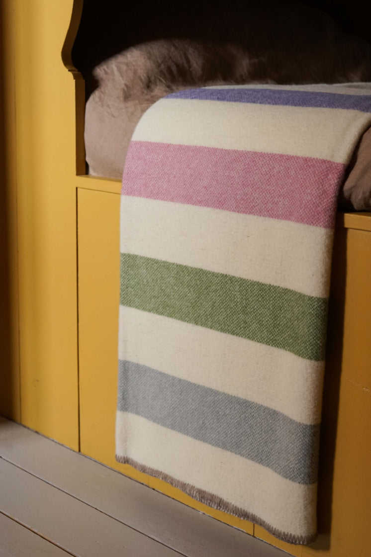 Amethyst / Magenta / Green / Grey ALT= Amethyst / Magenta / Green / Grey striped wool blanket by Drove Weavers.