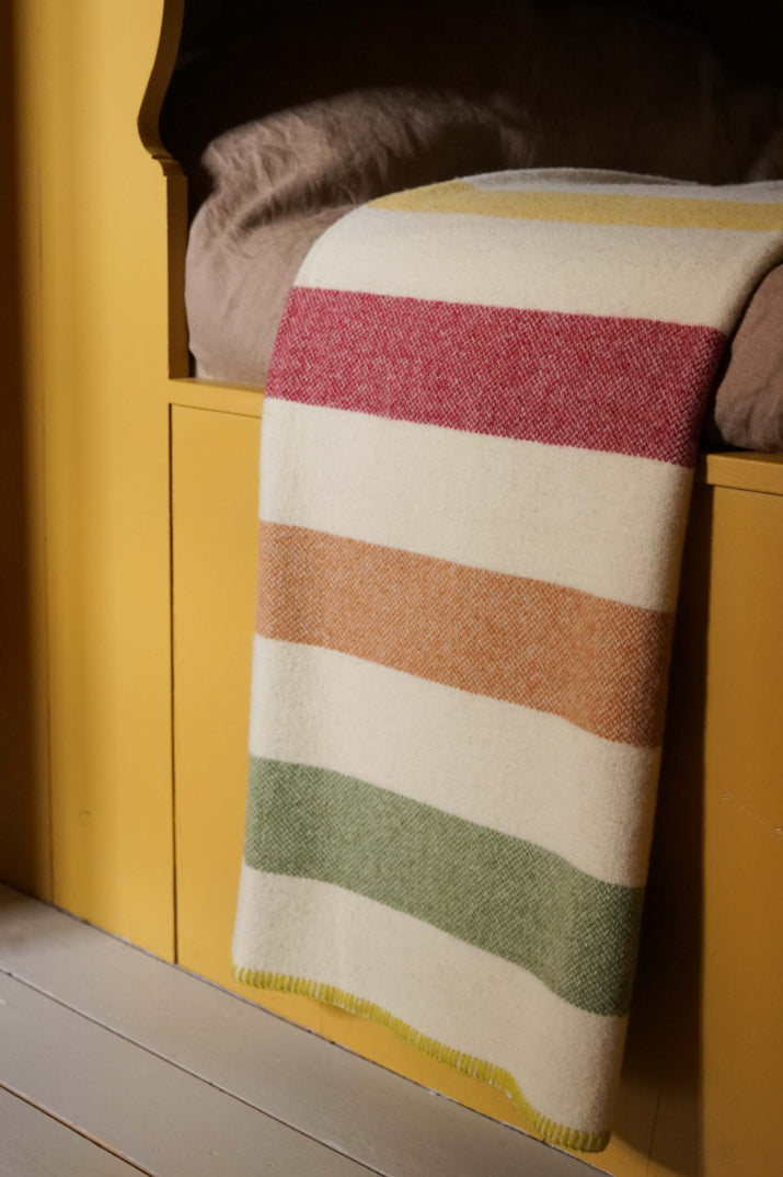 Yellow / Red / Orange / Leaf Green ALT= Yellow / Red / Orange / Leaf Green striped wool blanket by Drove Weavers.