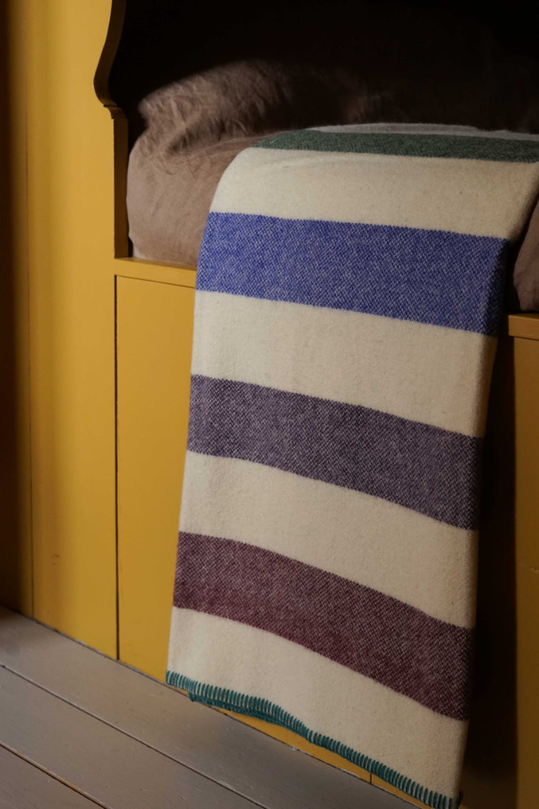Forest / Ultramarine / Aubergine / Plum ALT= Forest / Ultramarine / Aubergine / Plum striped wool blanket by Drove Weavers.