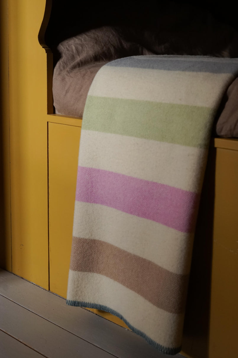 Grey / Sage / Pink / Brown ALT= Grey / Sage / Pink / Brown striped wool blanket by Drove Weavers.