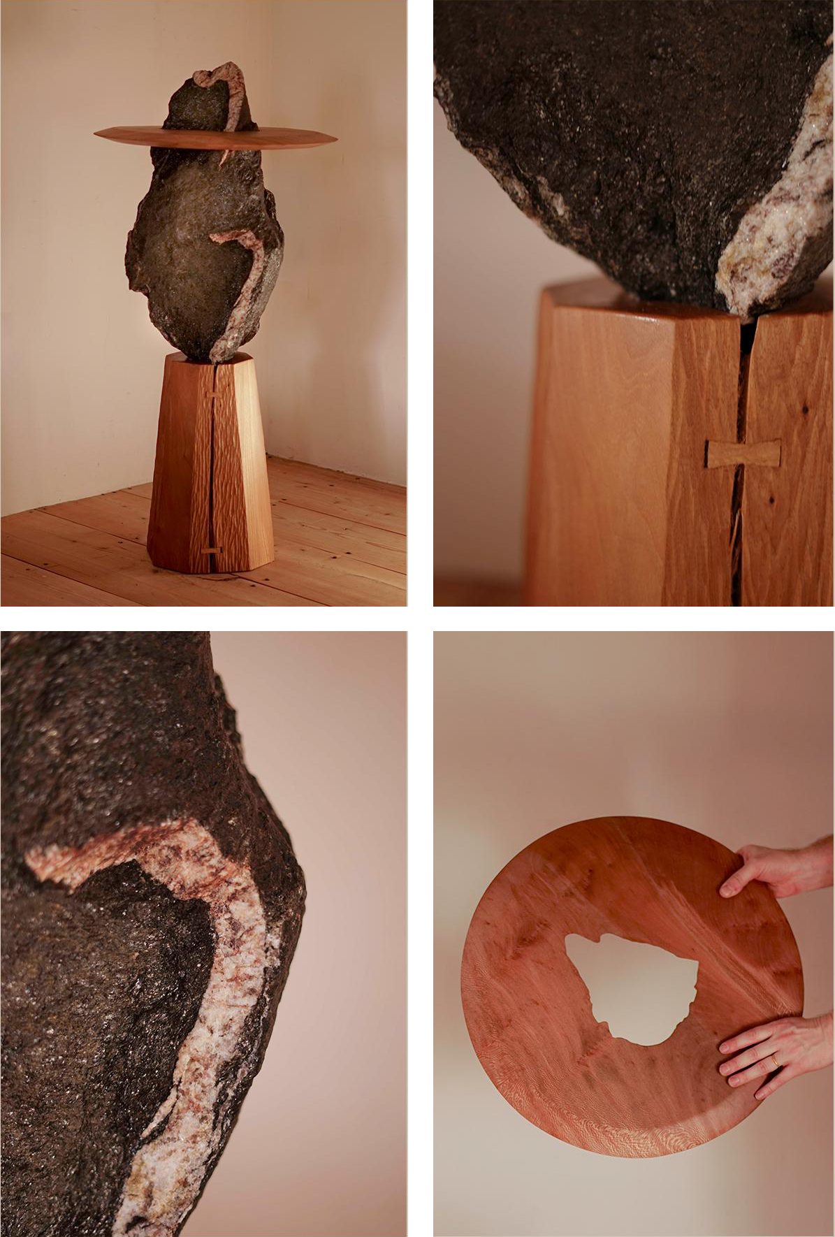 Piece no.1 ALT= A grid of four images from Oliver Spendley's new collection. The top left image shows the piece in its entirety, the other three images are close ups of the piece, showing the wood and stone materials Oliver has used.