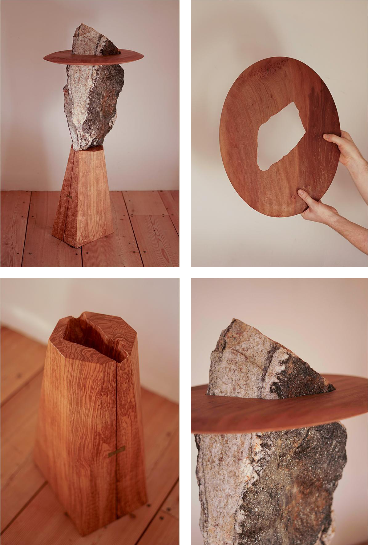 Piece no.2 ALT= A grid of four images from Oliver Spendley's new collection. The top left image shows the piece in its entirety, the other three images are close ups of the piece, showing the wood and stone materials Oliver has used.