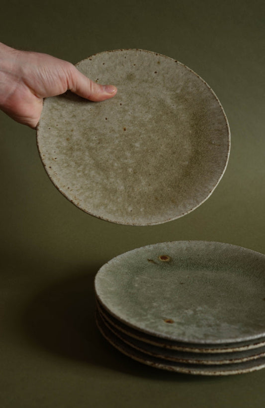 ALT=Ash glazed side plates by Jonathan Wade of Ingot Objects.