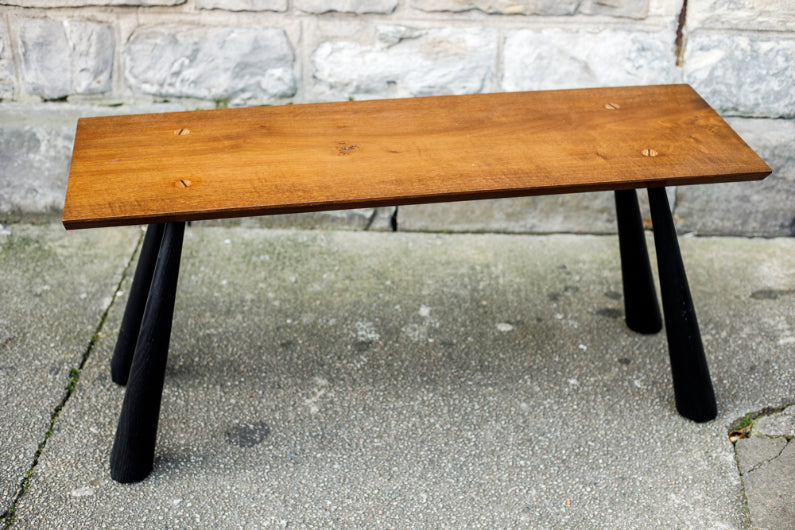 ALT=Vernacular bench by Laurence Veitch. A long low side table or bench made from all Scottish woods.