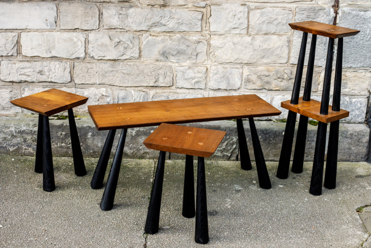 ALT=All pieces of the Vernacular Collection by Laurence Veitch. Tops made from Scottish oak and legs turned from Scottish Olive Ash.