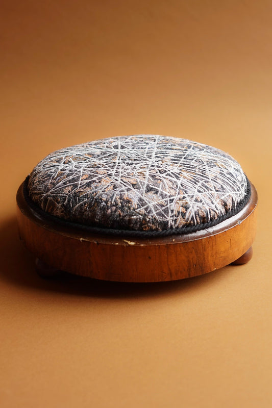 ALT= The Organic Debris Button Stool by Laura Lees. Victorian wood frames with modern machine embroidered top.