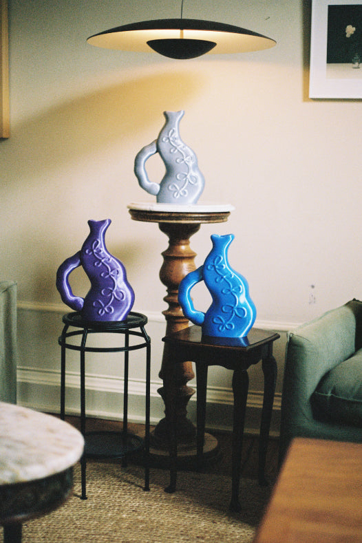 ALT=Three vine vases in purple, blue and sky. 3D printed by Soorin Shin of Wobbly Digital Studio.
