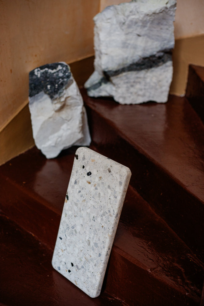 ALT=Marble terrazzo boards from Skye Stone Studio. Shot at Bard Scotland, a shop and gallery in Leith, Edinburgh.