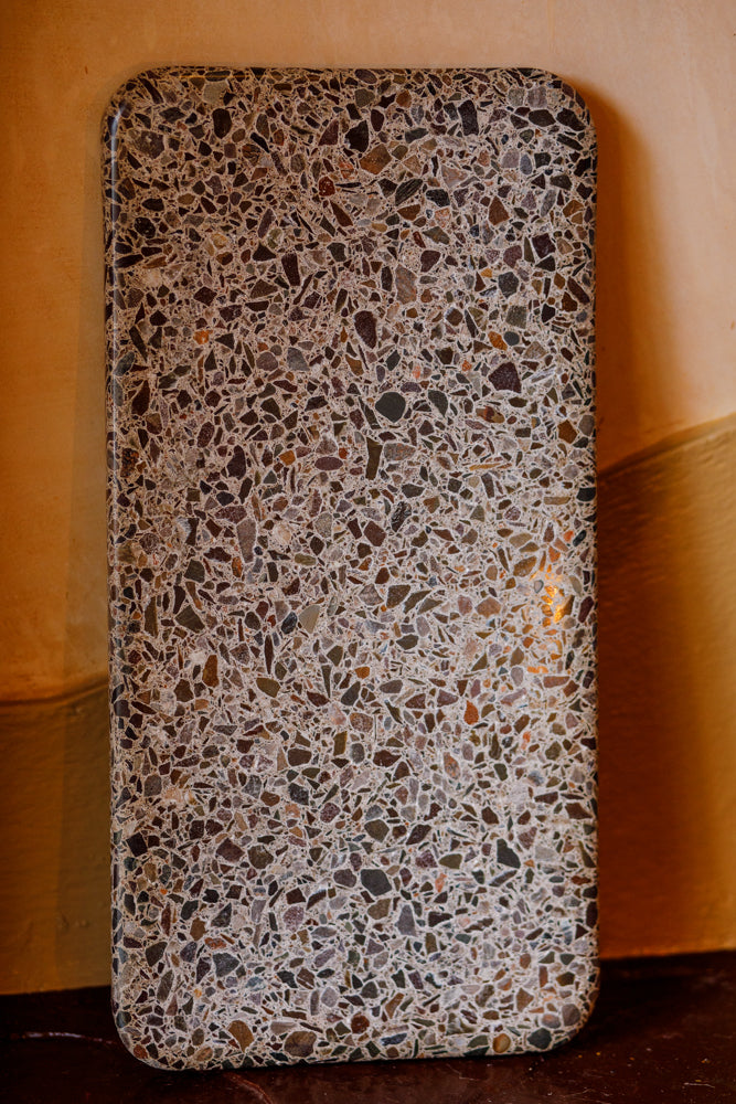ALT=Marble terrazzo boards from Skye Stone Studio. Two colourways available; Torrin and Kyleakin.
